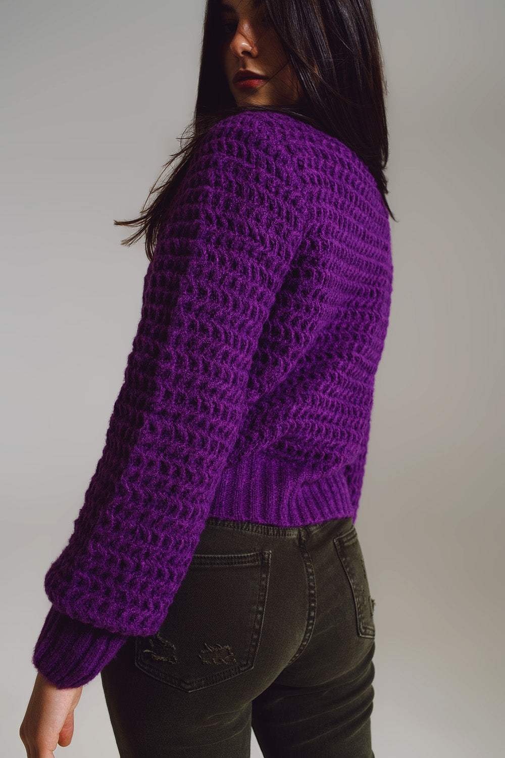 Waffle Knit Relaxed Sweater With High Neck in Purple