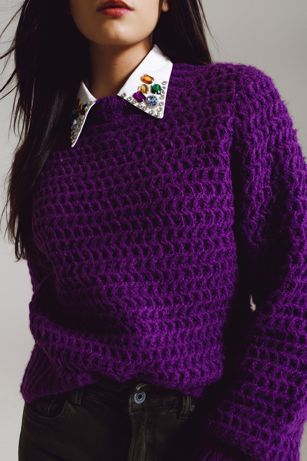 Waffle Knit Relaxed Sweater With High Neck in Purple