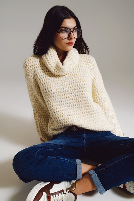 Q2 Waffle Knit Sweater With Turtle Neck in Cream
