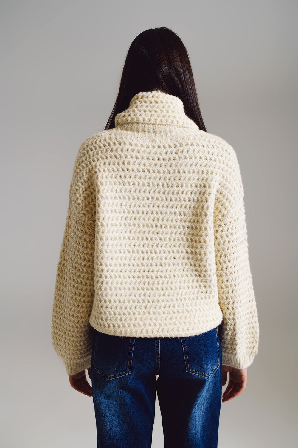 Waffle Knit Sweater With Turtle Neck in Cream