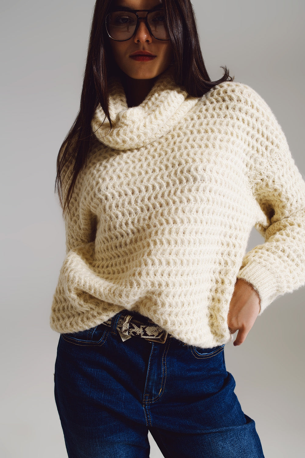 Waffle Knit Sweater With Turtle Neck in Cream