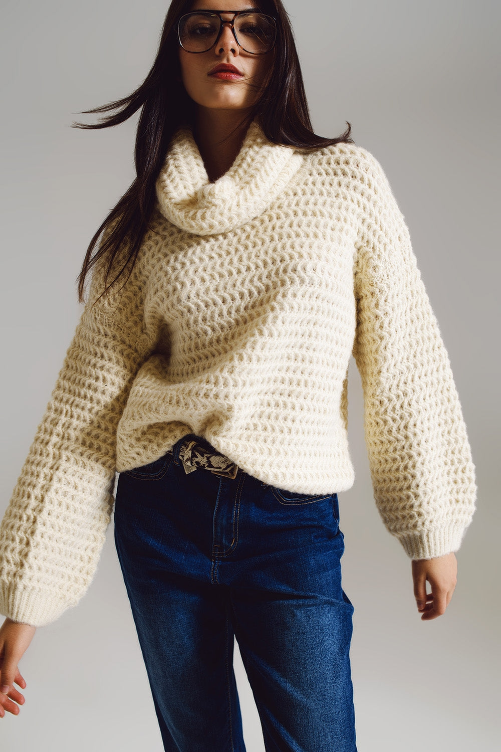 Waffle Knit Sweater With Turtle Neck in Cream