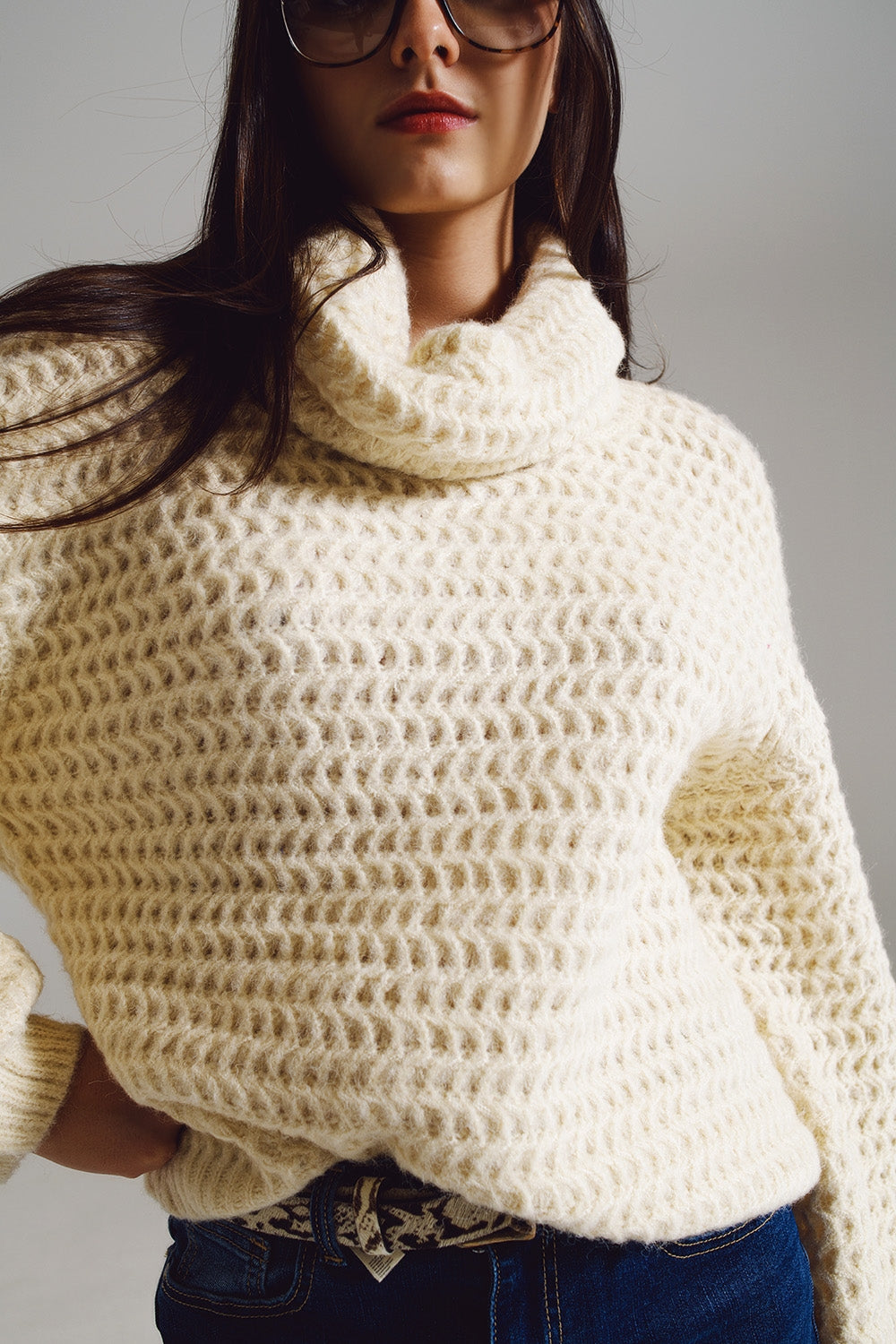 Waffle Knit Sweater With Turtle Neck in Cream