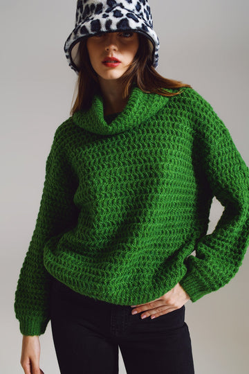 Q2 Waffle Knit Sweater With Turtle Neck in Green