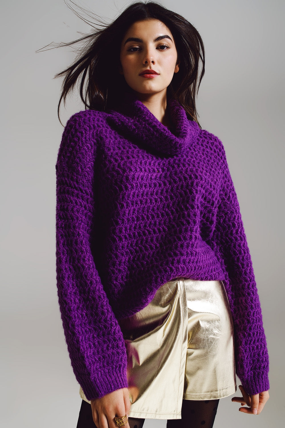 Q2 Waffle Knit Sweater With Turtle Neck in Purple