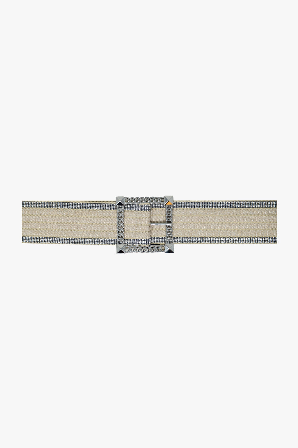 Q2 White belt woven with rhinestones on the edges and silver square buckle