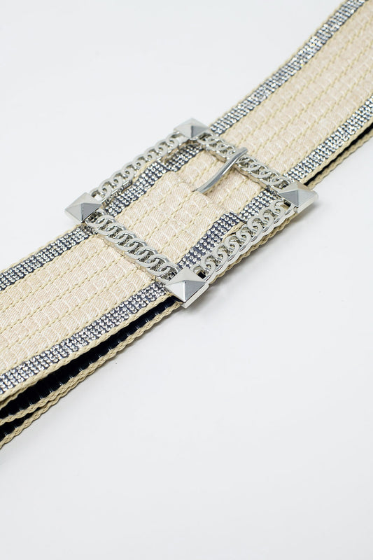 White belt woven with rhinestones on the edges and silver square buckle