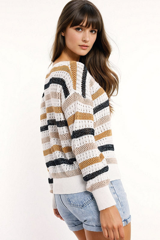Q2 White knit sweater with multicolored stripes