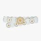 Q2 White leather belt with white rhinestone round buckle and golden details