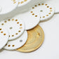 White leather belt with white rhinestone round buckle and golden details