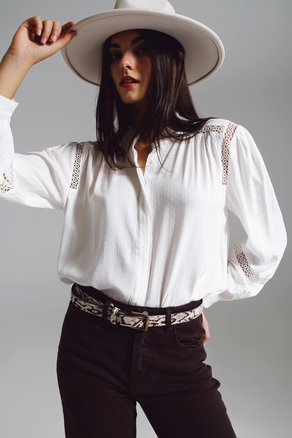Q2 white long sleeve blouse with crochet detail