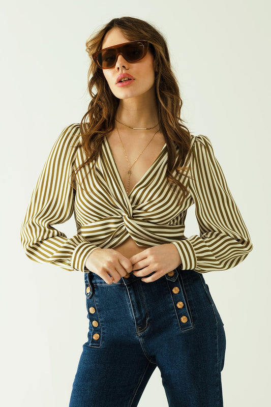 Q2 White long sleeves crop top with brown stripes and v-neck