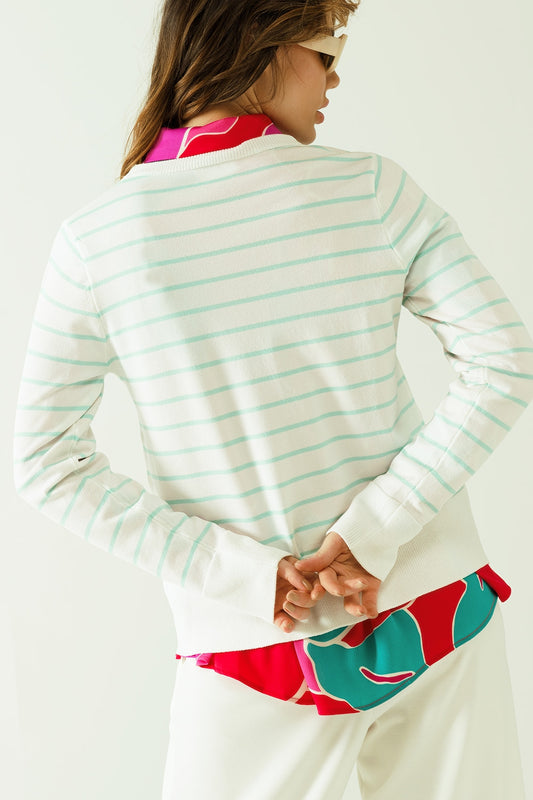 White long sleeves sweater with light green stripes