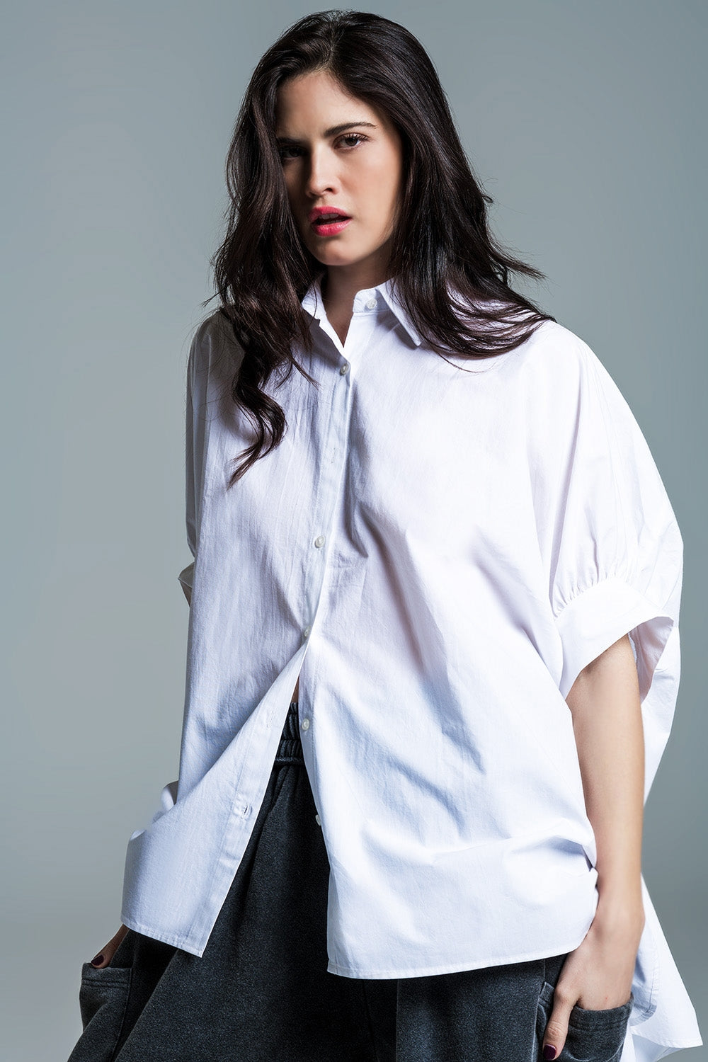 White oversized blouse with short sleeves