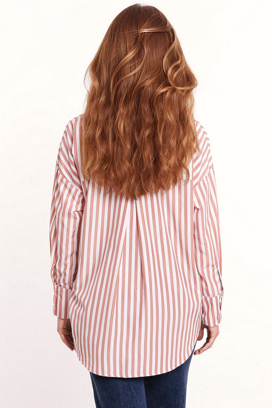 White oversized blouse with vertical stripes in pink and chest pocket
