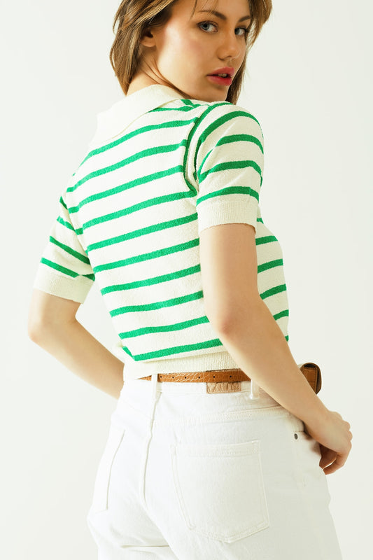 White polo shirt with green stripes and front closure with buttons