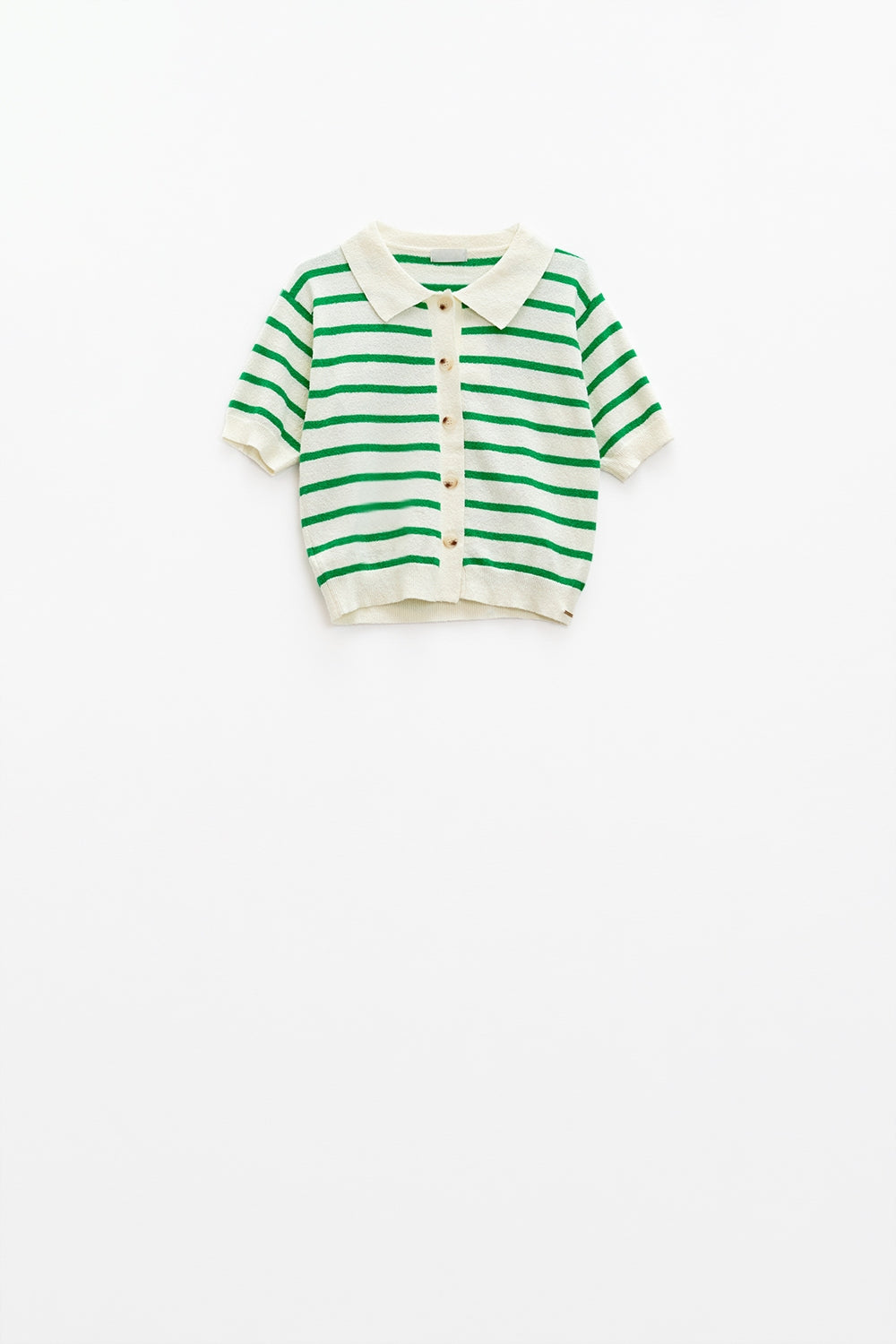 White polo shirt with green stripes and front closure with buttons