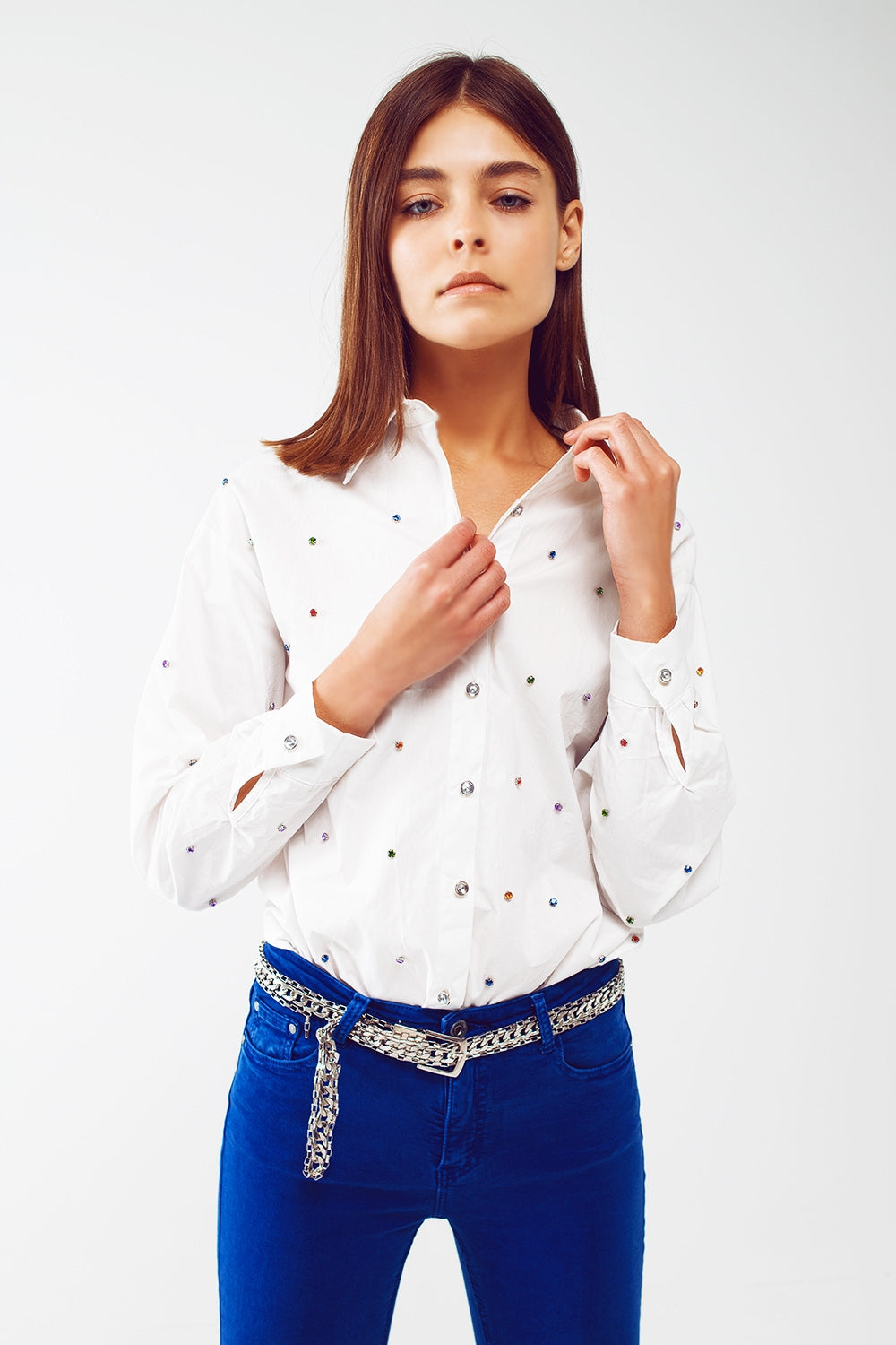 White poplin shirt with embellished rhinestone - Szua Store