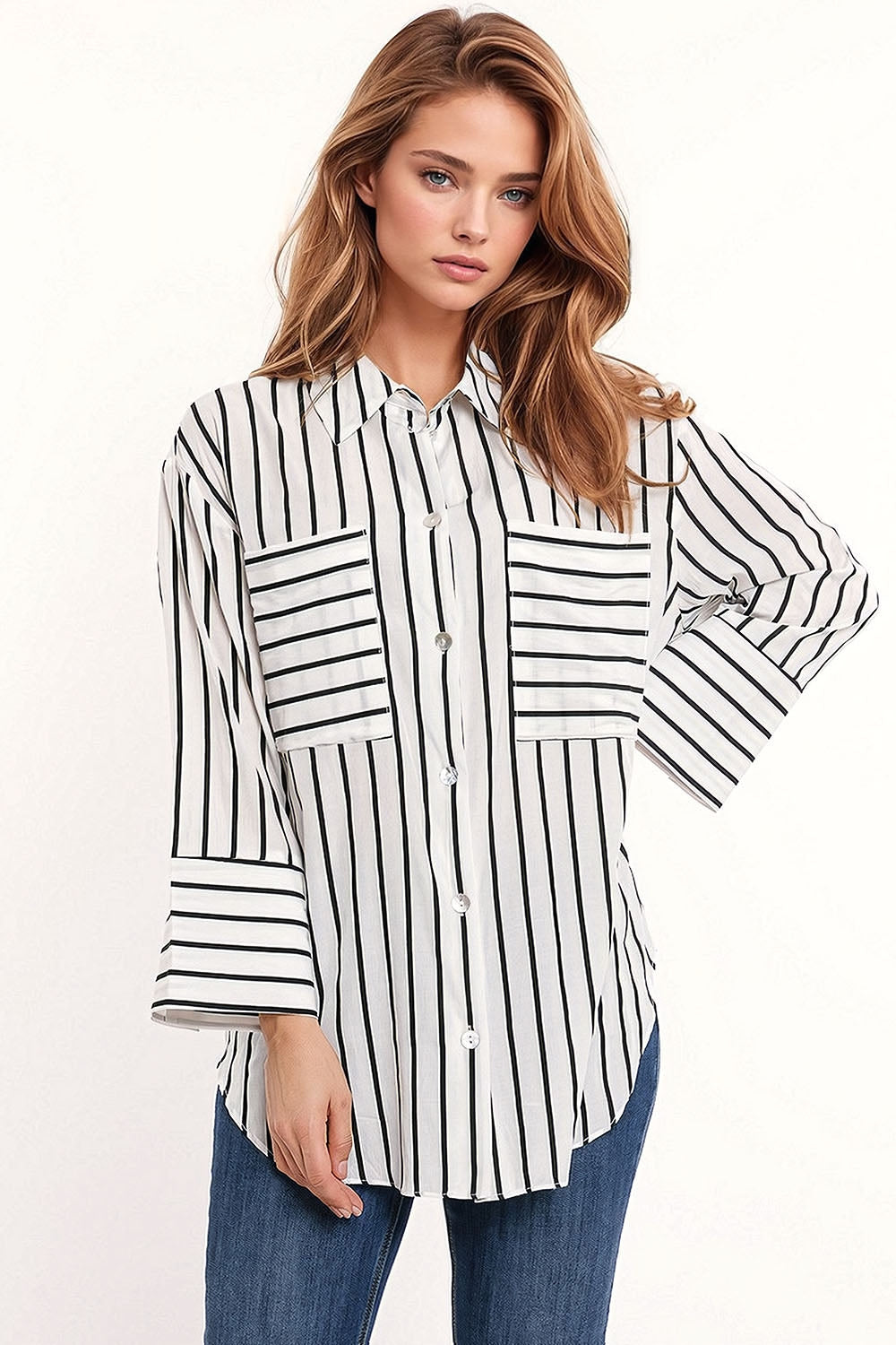 Q2 White shirt with black stripes and chest pockets