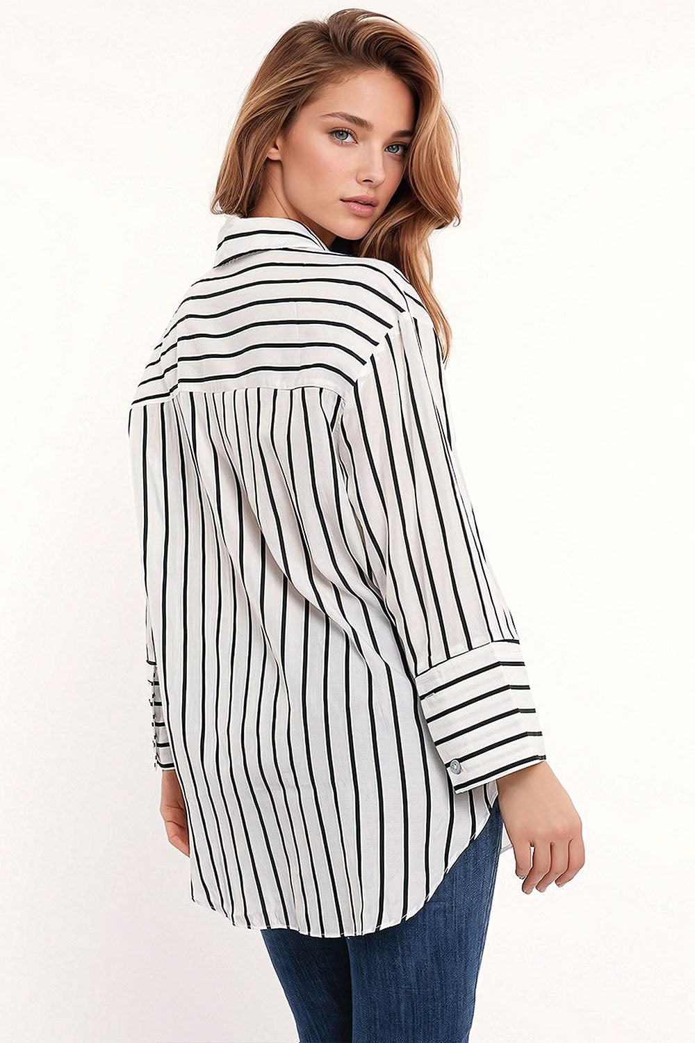 White shirt with black stripes and chest pockets