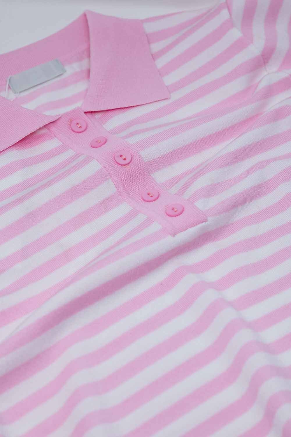 White short sleeves polo shirt with light pink stripes and frontal buttons details