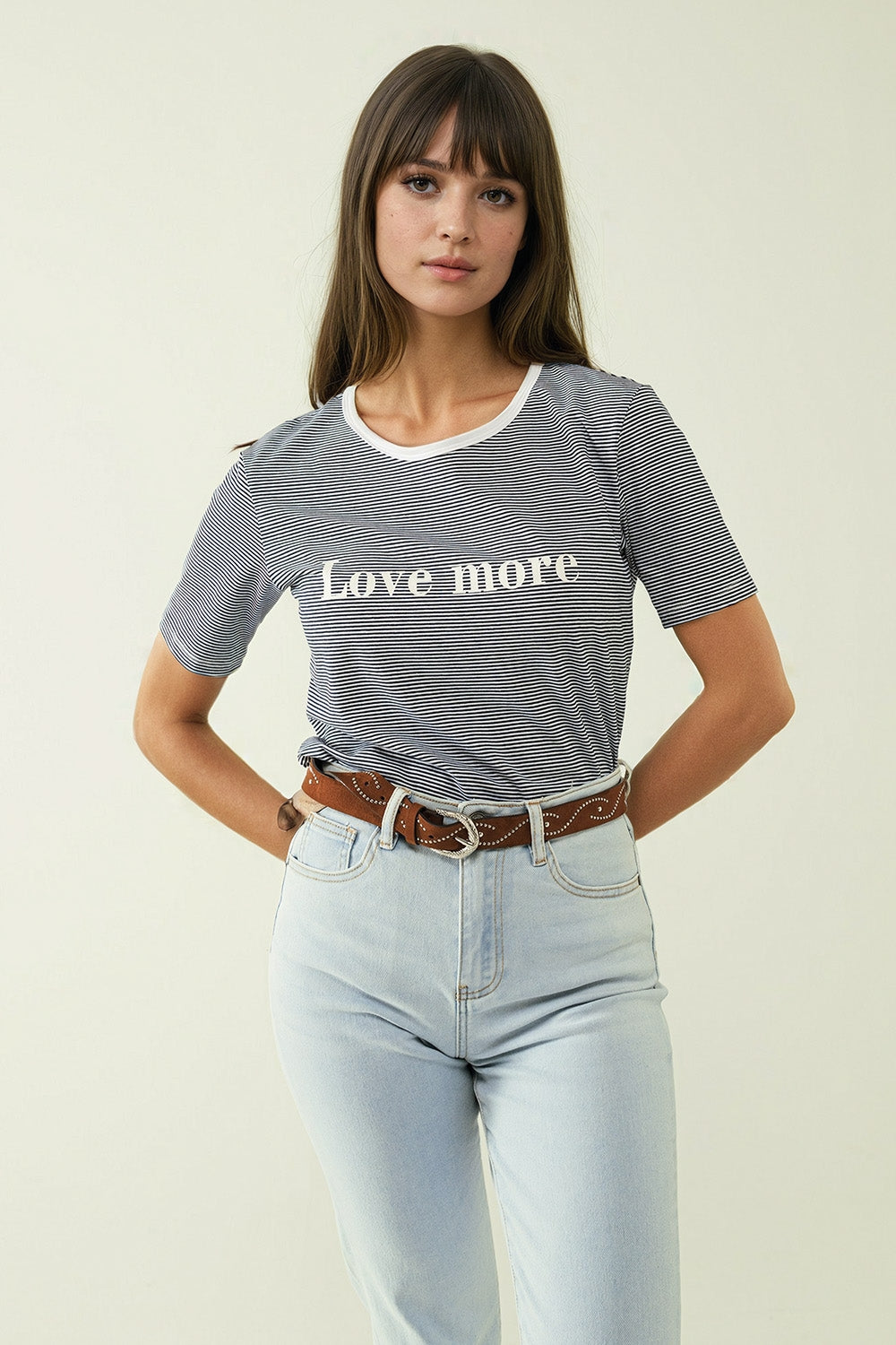 Q2 White T-shirt with black stripes and Love More texted