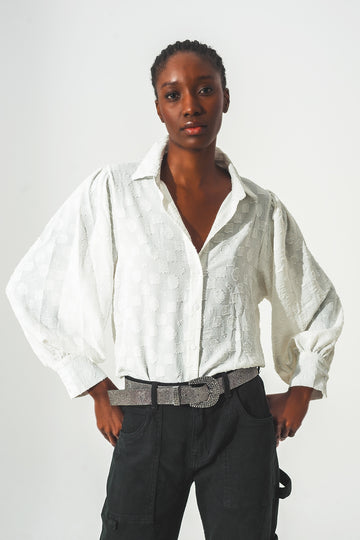 Q2 White Textured Blouse with Balloon Sleeves