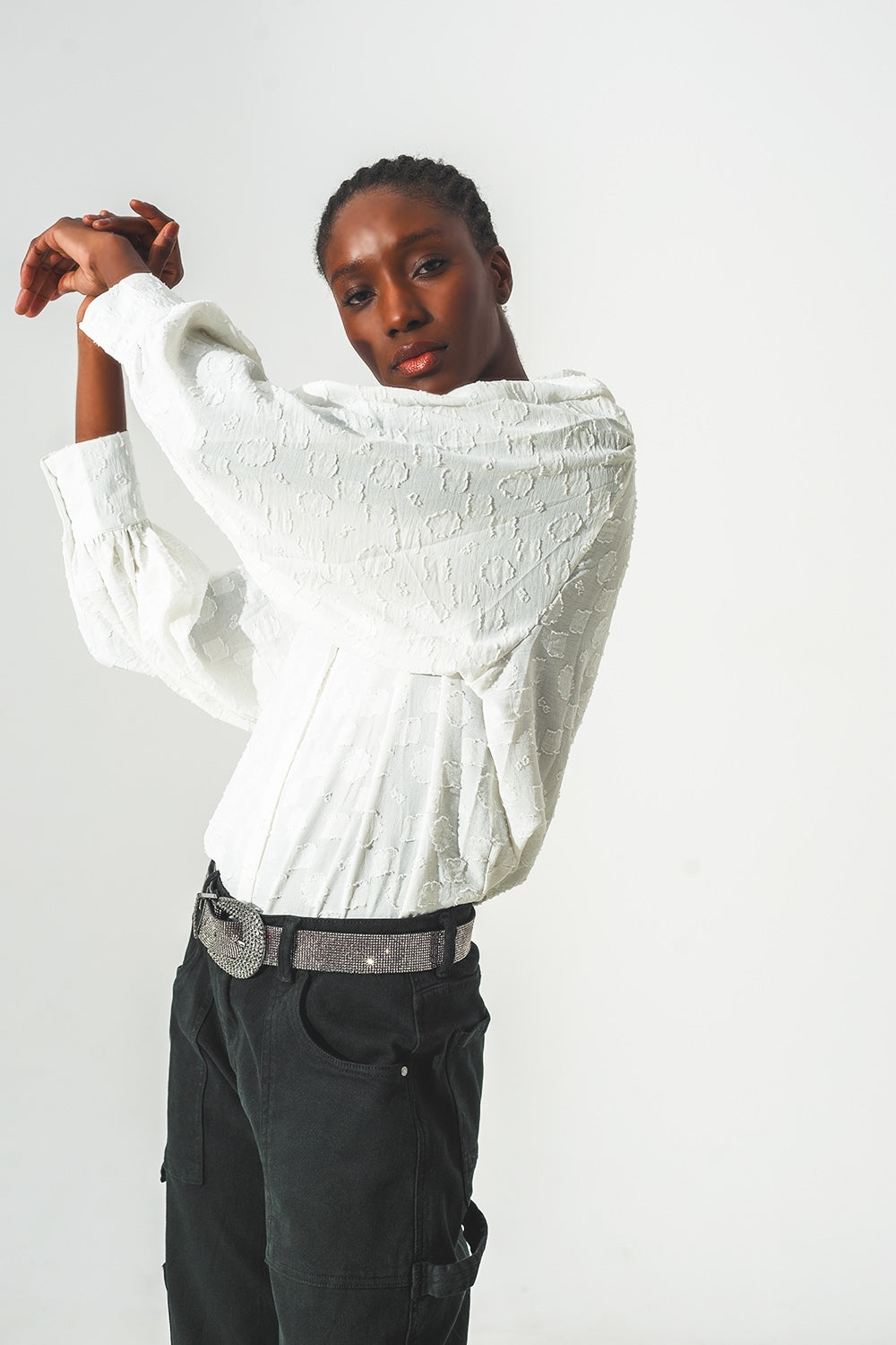 White Textured Blouse with Balloon Sleeves - Szua Store