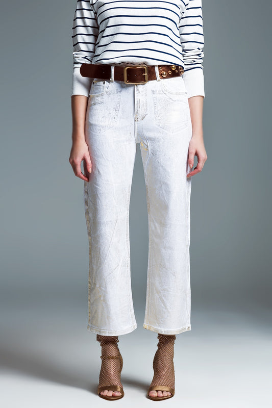 Q2 White Wide Leg Jeans With Metallic Finish In Gold
