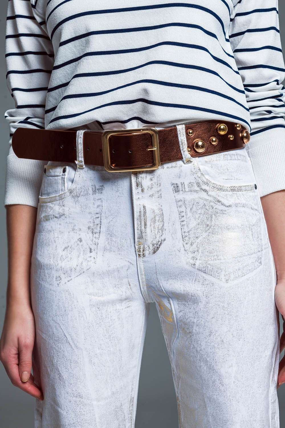 White Wide Leg Jeans With Metallic Finish In Gold