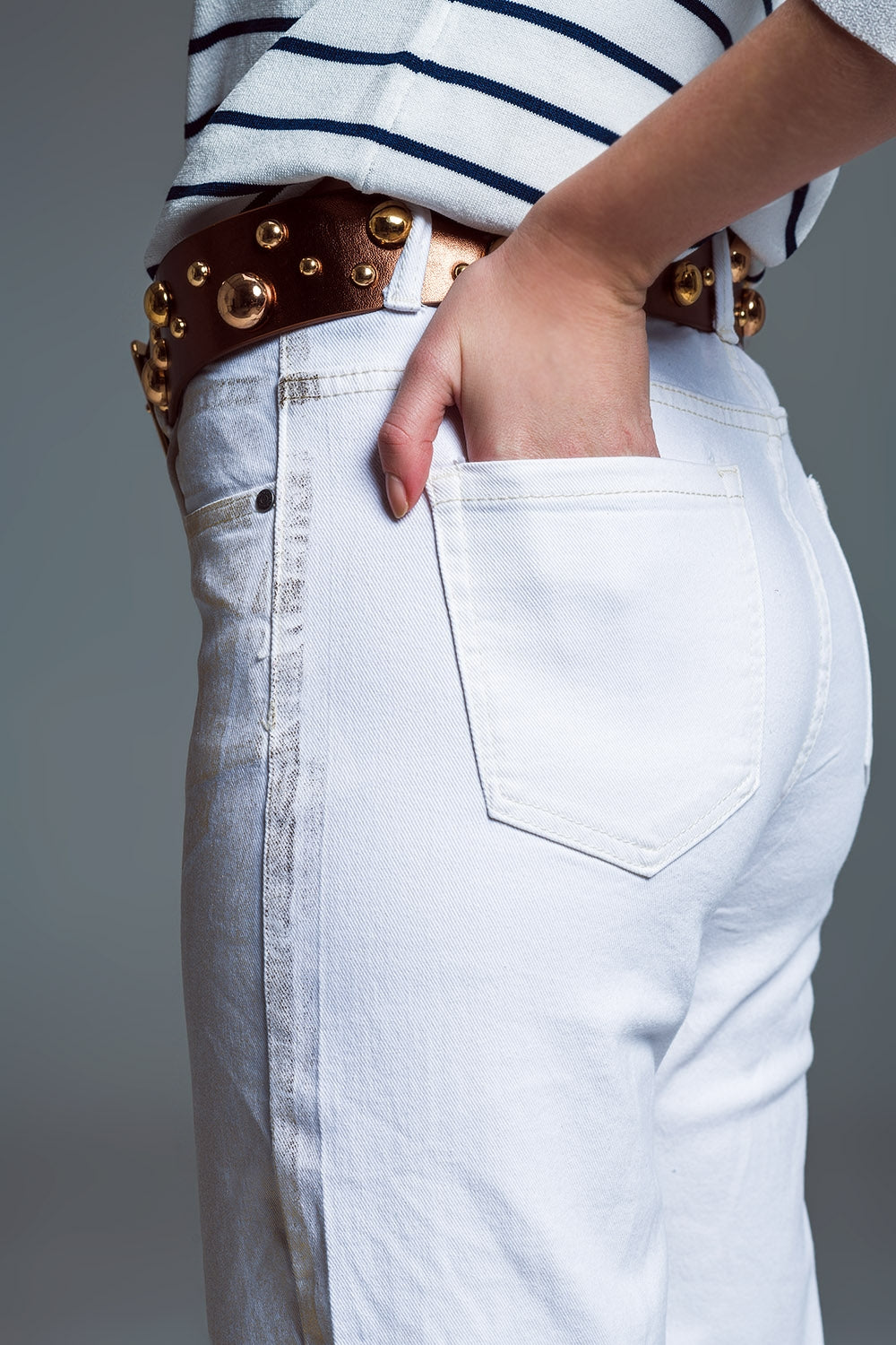 White Wide Leg Jeans With Metallic Finish In Gold