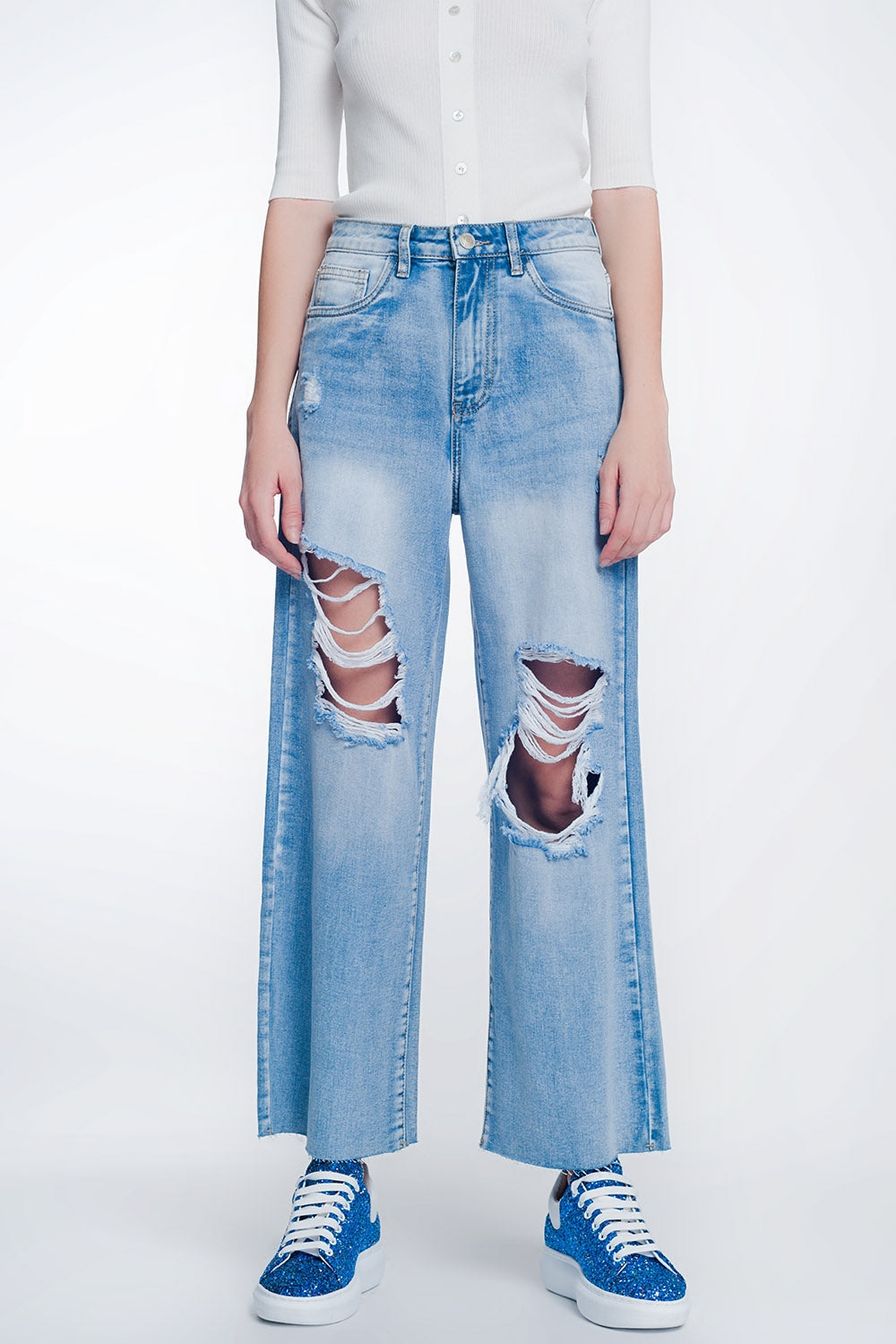 wide leg cropped raw hem jeans in light blue Szua Store