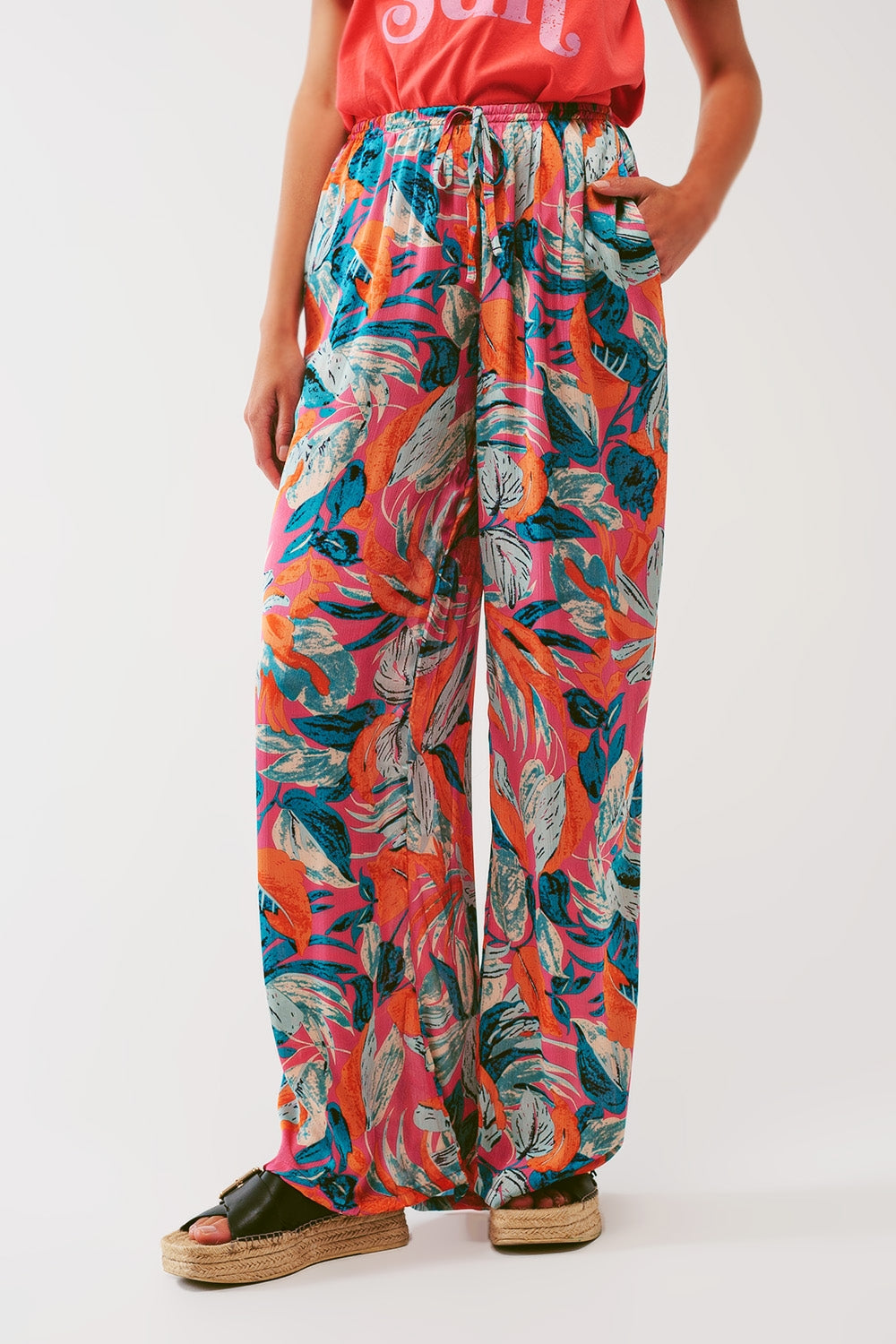 Wide Leg Floral Print Pants in Orange - Szua Store