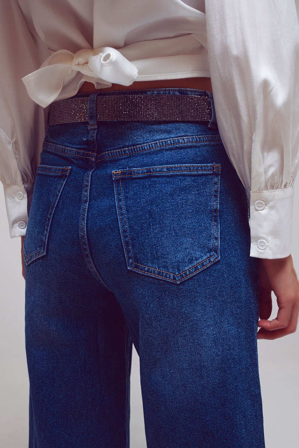 Wide Leg Jeans With Diamante Details on the Side in Mid Wash - Szua Store