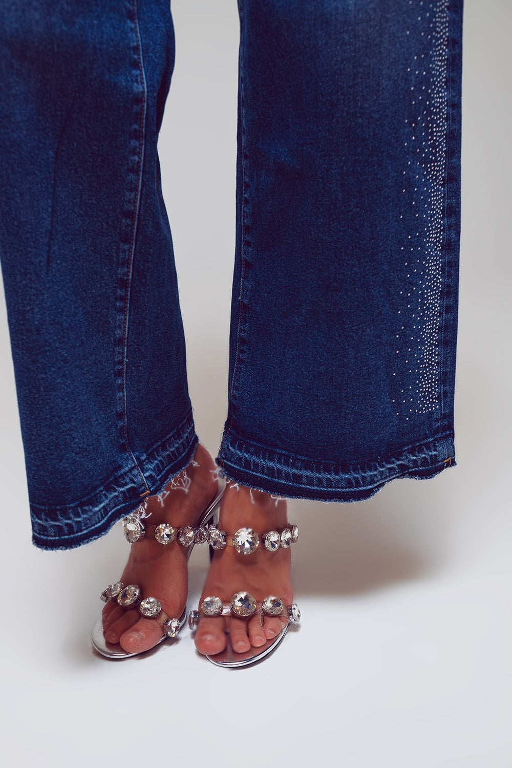 Wide Leg Jeans With Diamante Details on the Side in Mid Wash - Szua Store