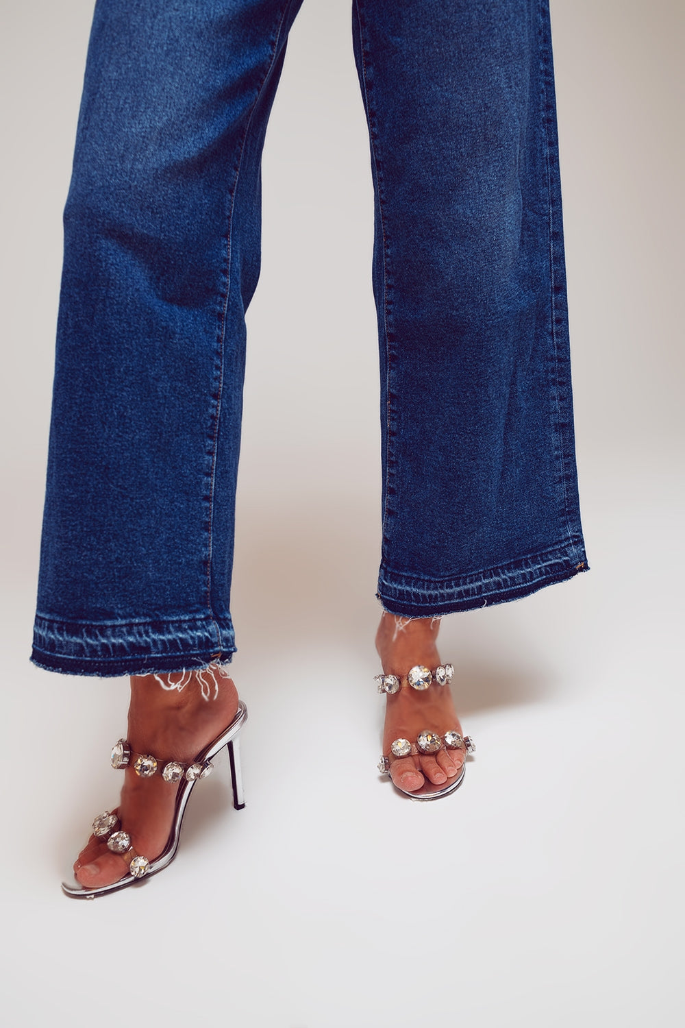 Wide Leg Jeans With Hem Detail in Mid Wash - Szua Store