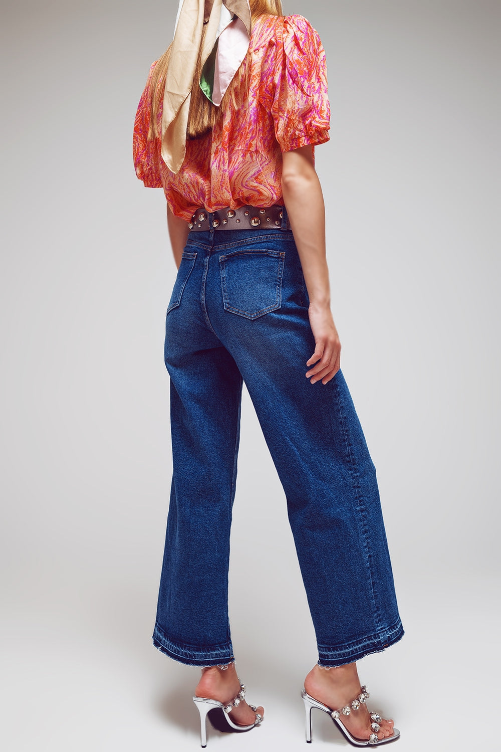 Wide Leg Jeans With Hem Detail in Mid Wash - Szua Store