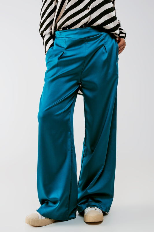 Wide leg satin pants in blue Szua Store