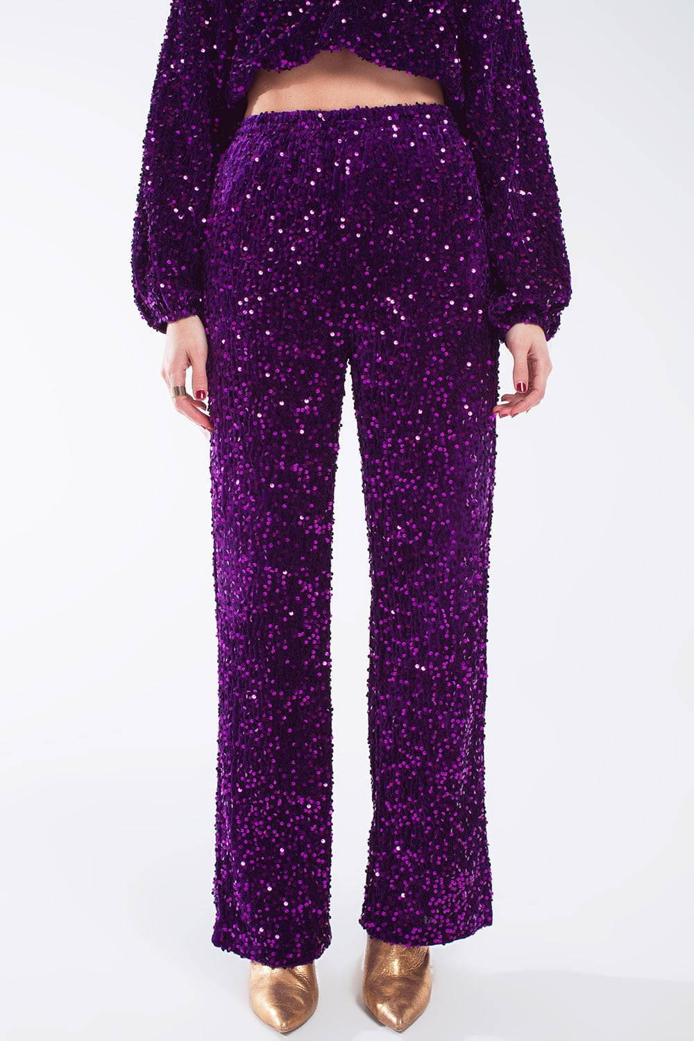 Q2 Wide Leg Sequin Pants With Side Pockets In Purple