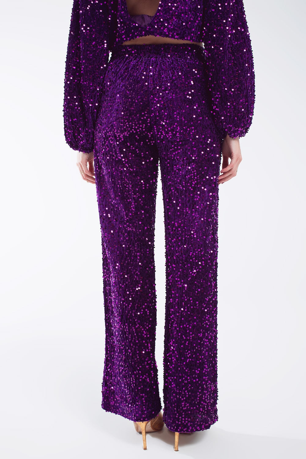 Wide Leg Sequin Pants With Side Pockets In Purple