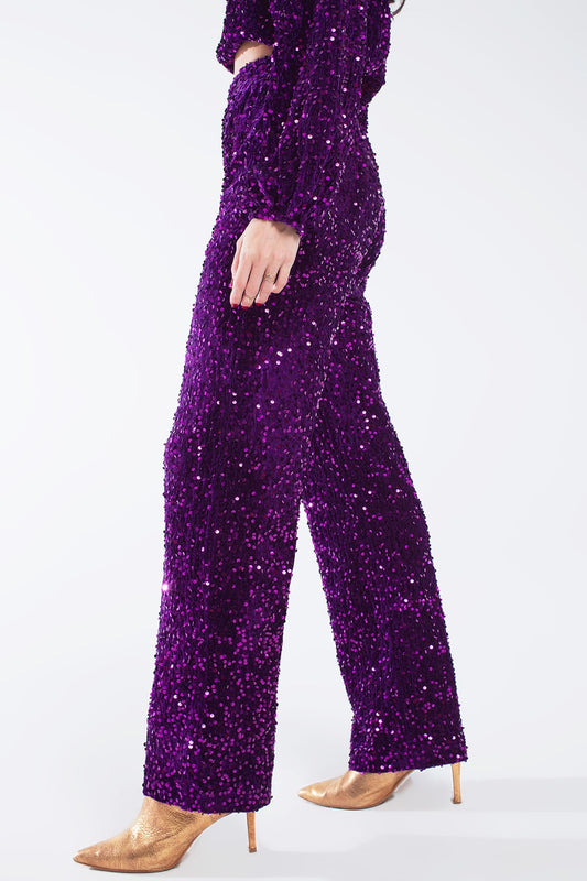 Wide Leg Sequin Pants With Side Pockets In Purple
