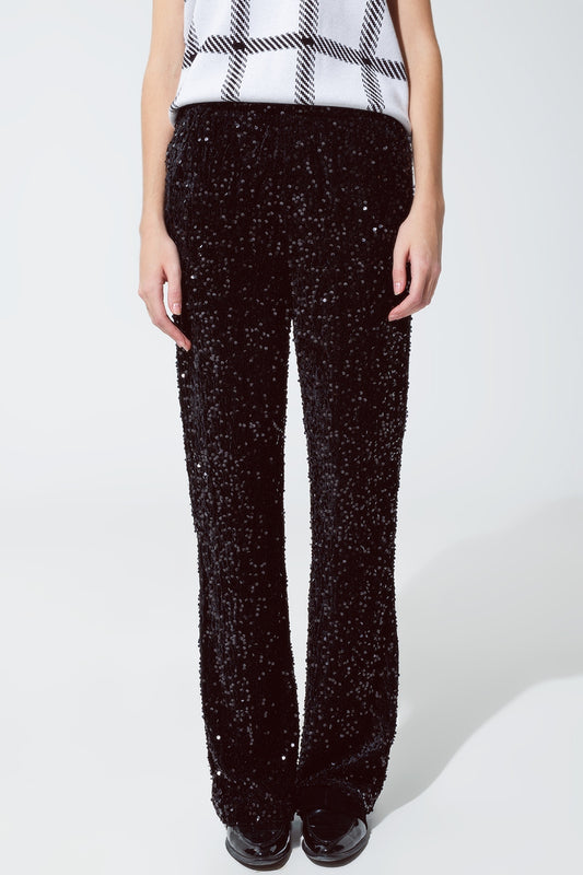 Q2 Wide Leg Sequin Pants With Side Pockets