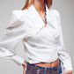 Q2 Wrap Cropped Satin Shirt With Oversized Collar in White