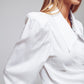 Wrap Cropped Satin Shirt With Oversized Collar in White