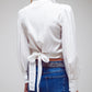 Wrap Cropped Satin Shirt With Oversized Collar in White