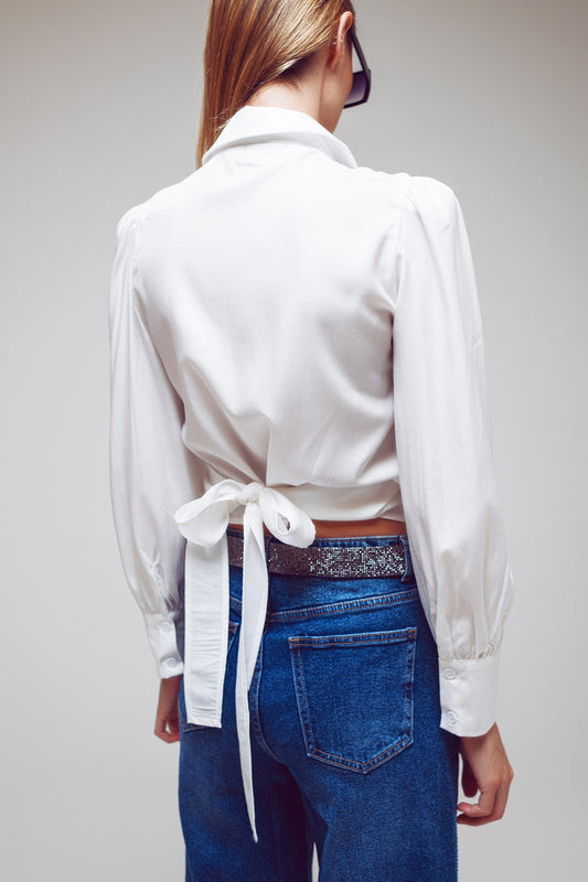Wrap Cropped Satin Shirt With Oversized Collar in White