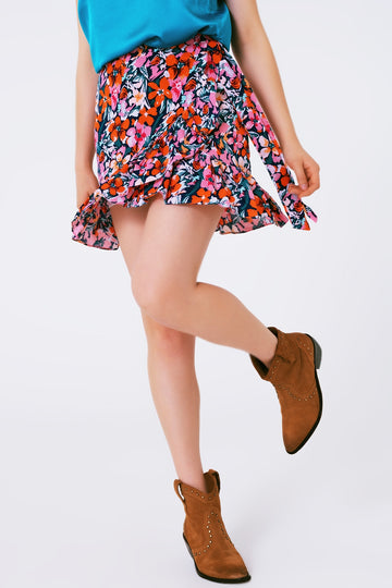 Q2 Wrap frill mini skirt in orange and pink