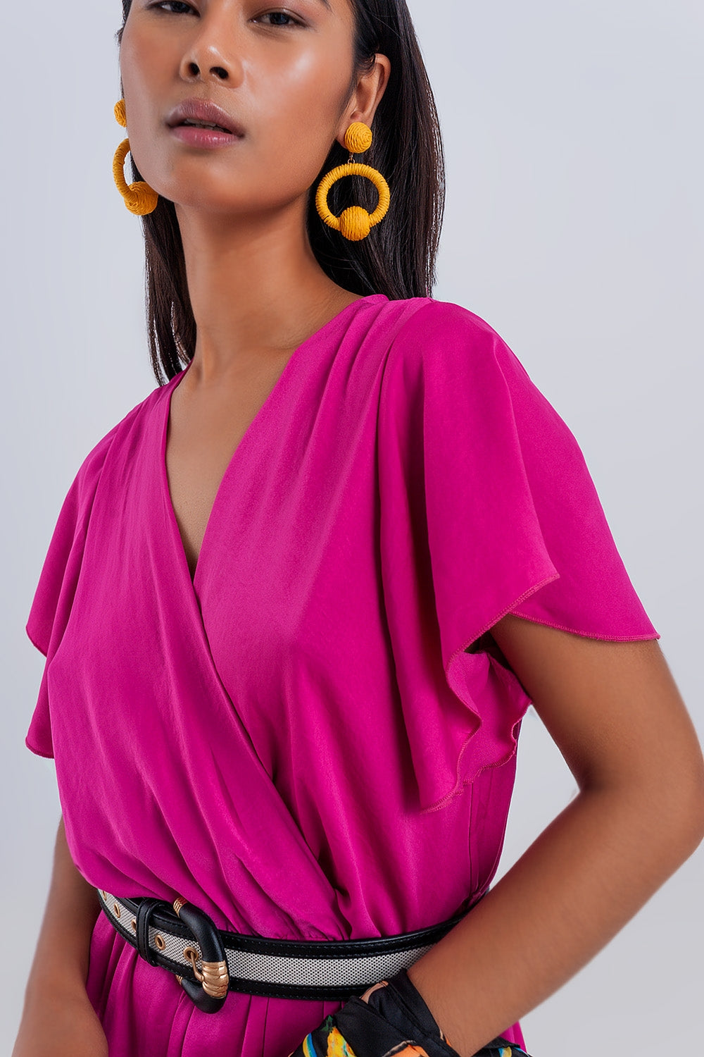 Wrap front frill hem jumpsuit in fuchsia Szua Store