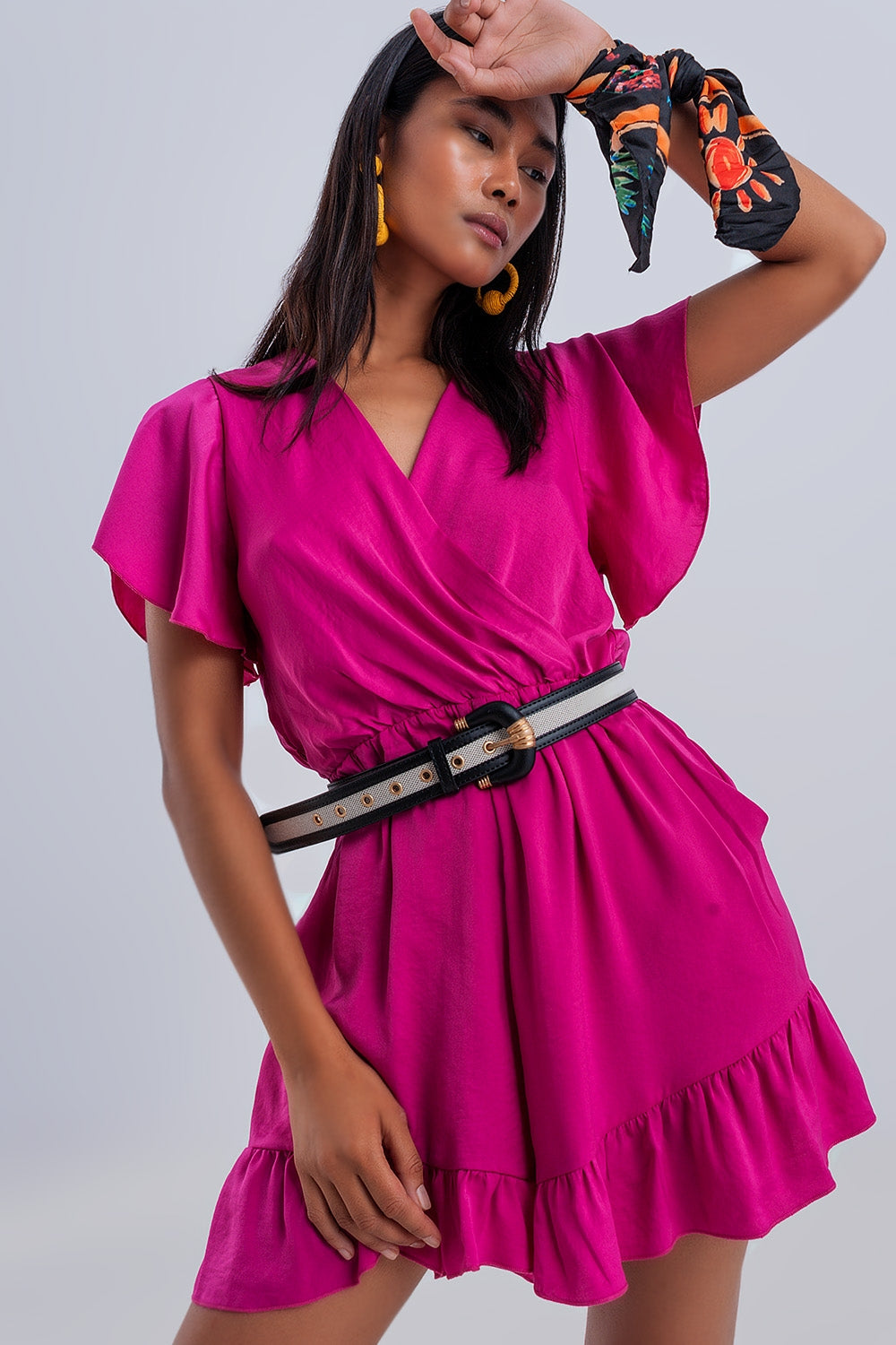 Wrap front frill hem jumpsuit in fuchsia Szua Store