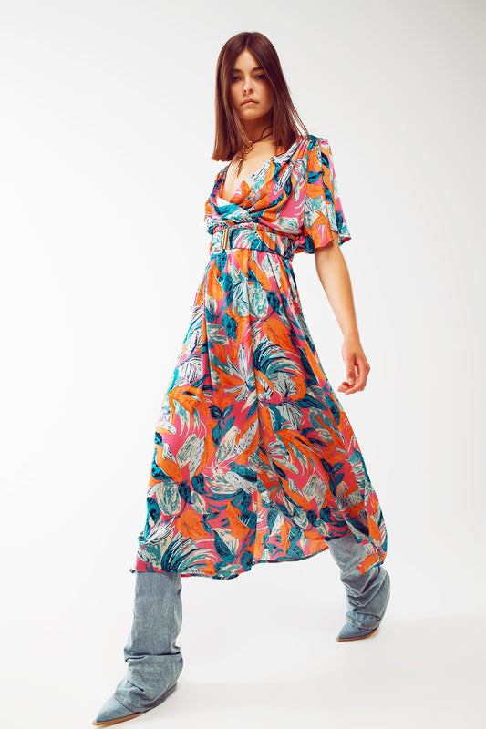 Q2 Wrap Maxi Belted Dress With Floral Print In Orange